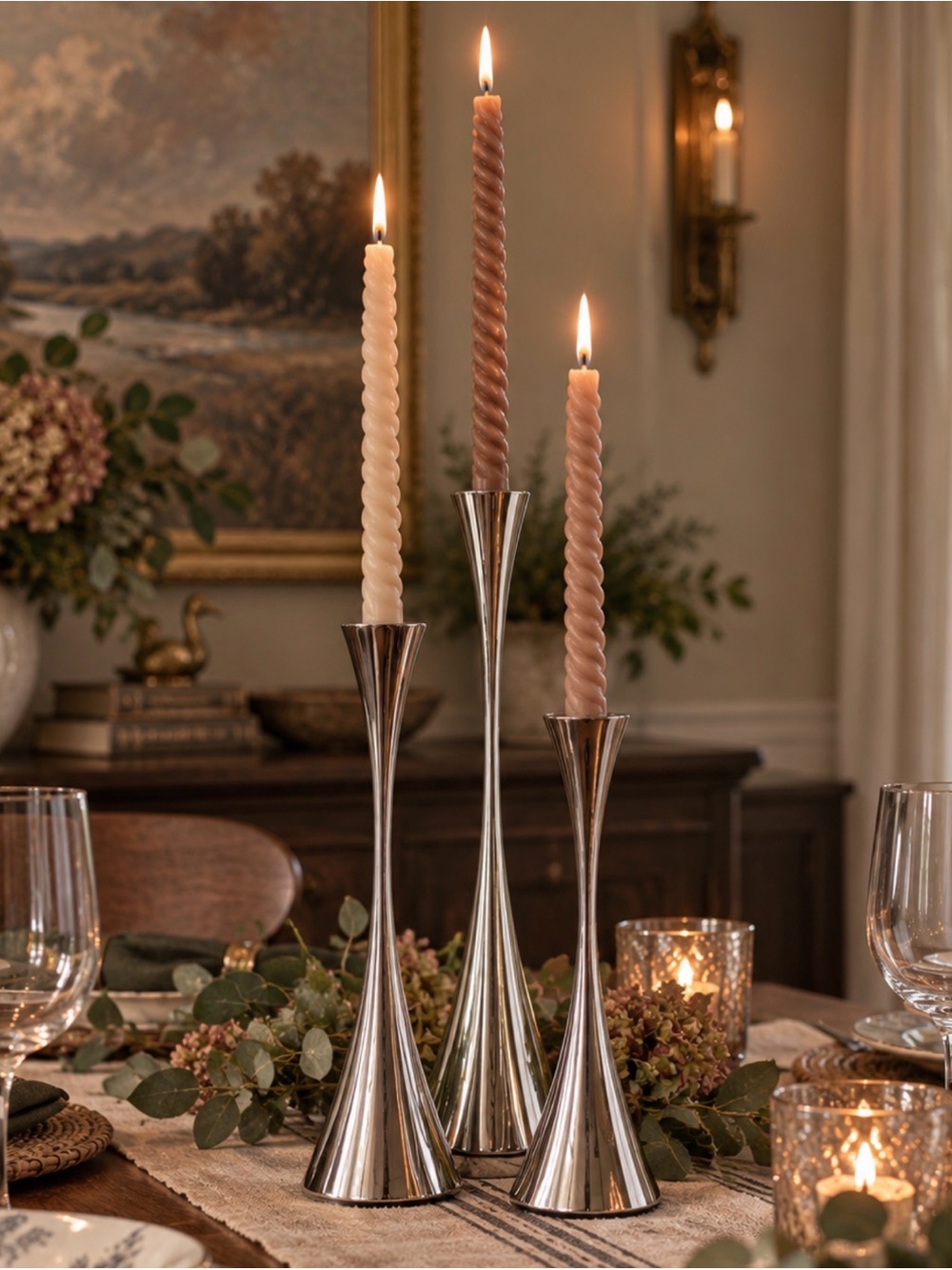 Crate & Barrel Arden set of 3 Sleek Stainless Steel Taper Candle Holders